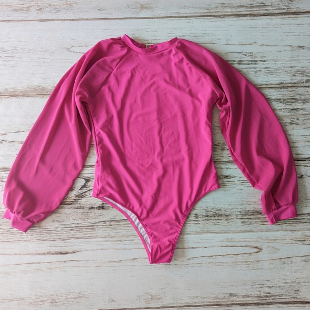 Shein Long Puff Sleeve Open Back Swimsuit Fuchsia Pink sz XLarge